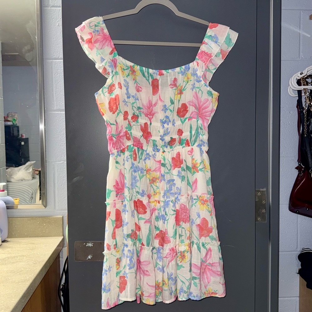 Trixxi Floral Ruffle Sundress in White with Colorful Flowers - Picture 2 of 4